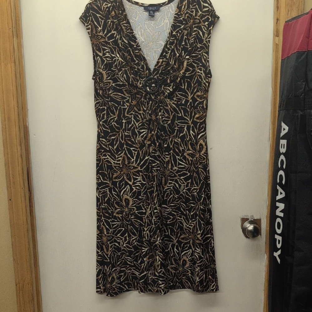 Chaps Black and Gold Leaf Pattern Midi Dress